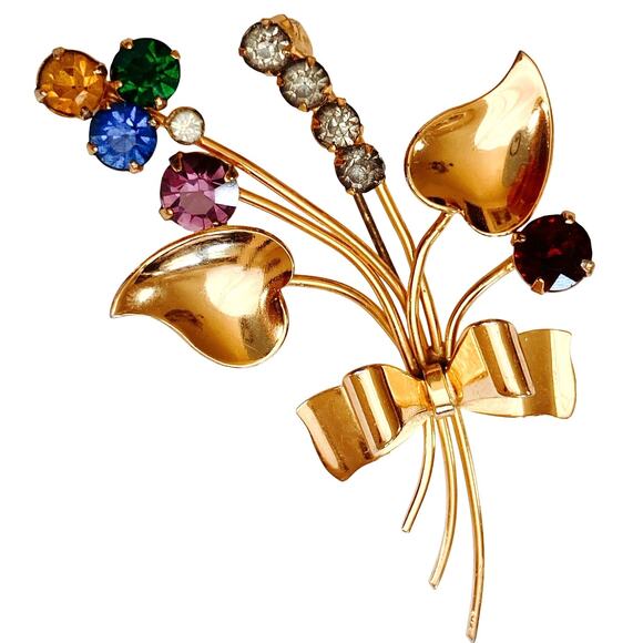 Mid Century Gold Vermeil Sterling Rhinestone Floral Spray Bow Brooch 1940s 1950s - Picture 1 of 8